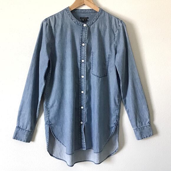 New THEORY Collarless Chambray Denim Tunic Shirt - Size S - Picture 1 of 4